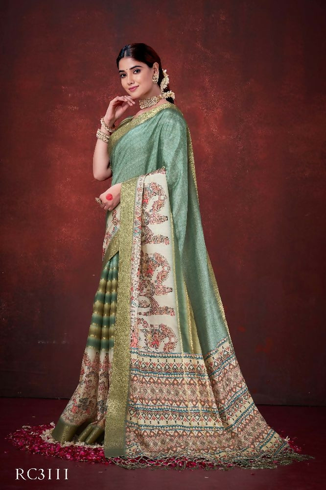 Green Poly Habotai Silk Foil Print Saree with Unstitched Blouse - Kathari