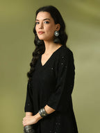 Myshka Women's Black Embroidered Cotton A-Line Party Kurta Set