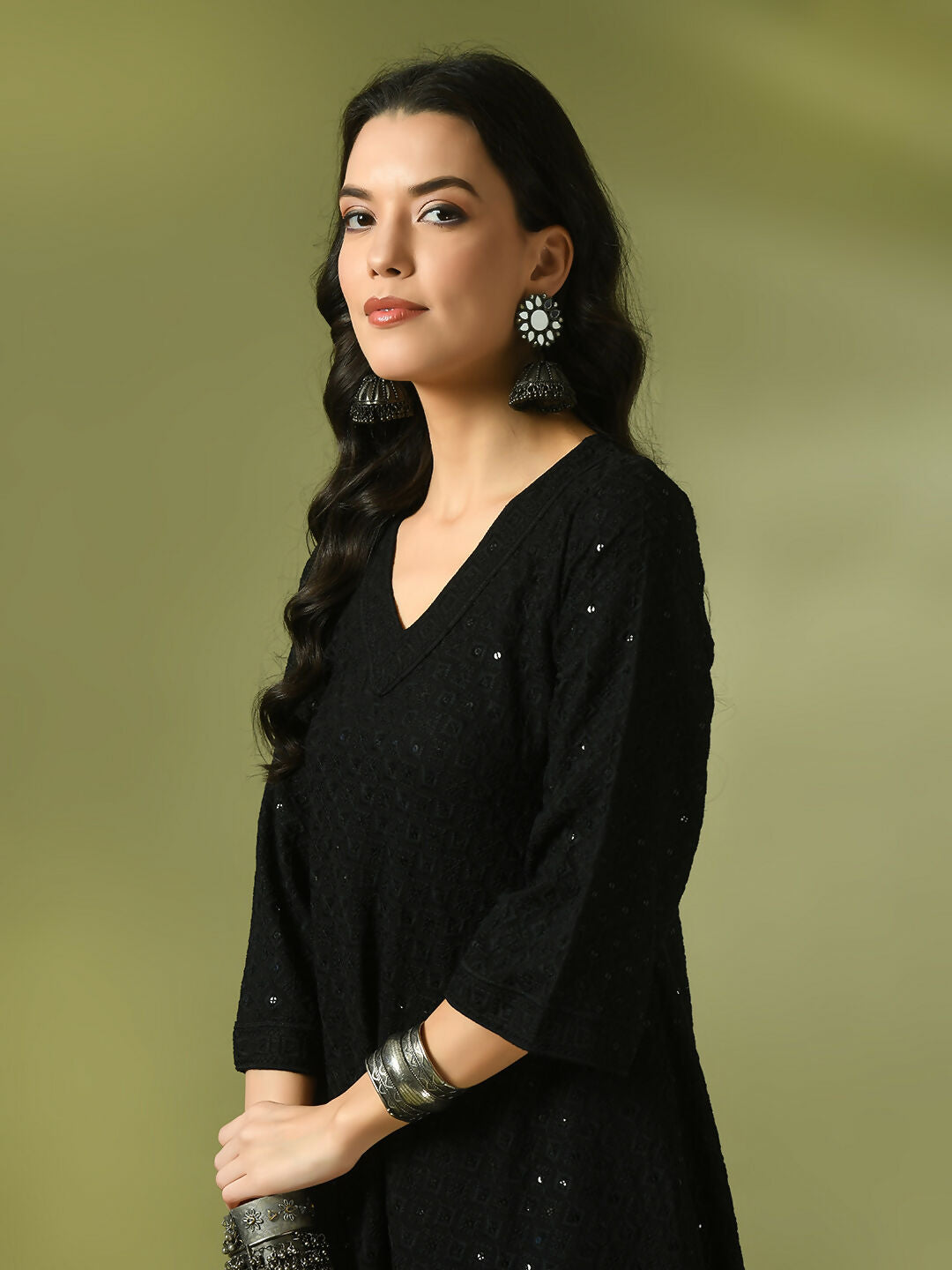 Myshka Women's Black Embroidered Cotton A-Line Party Kurta Set