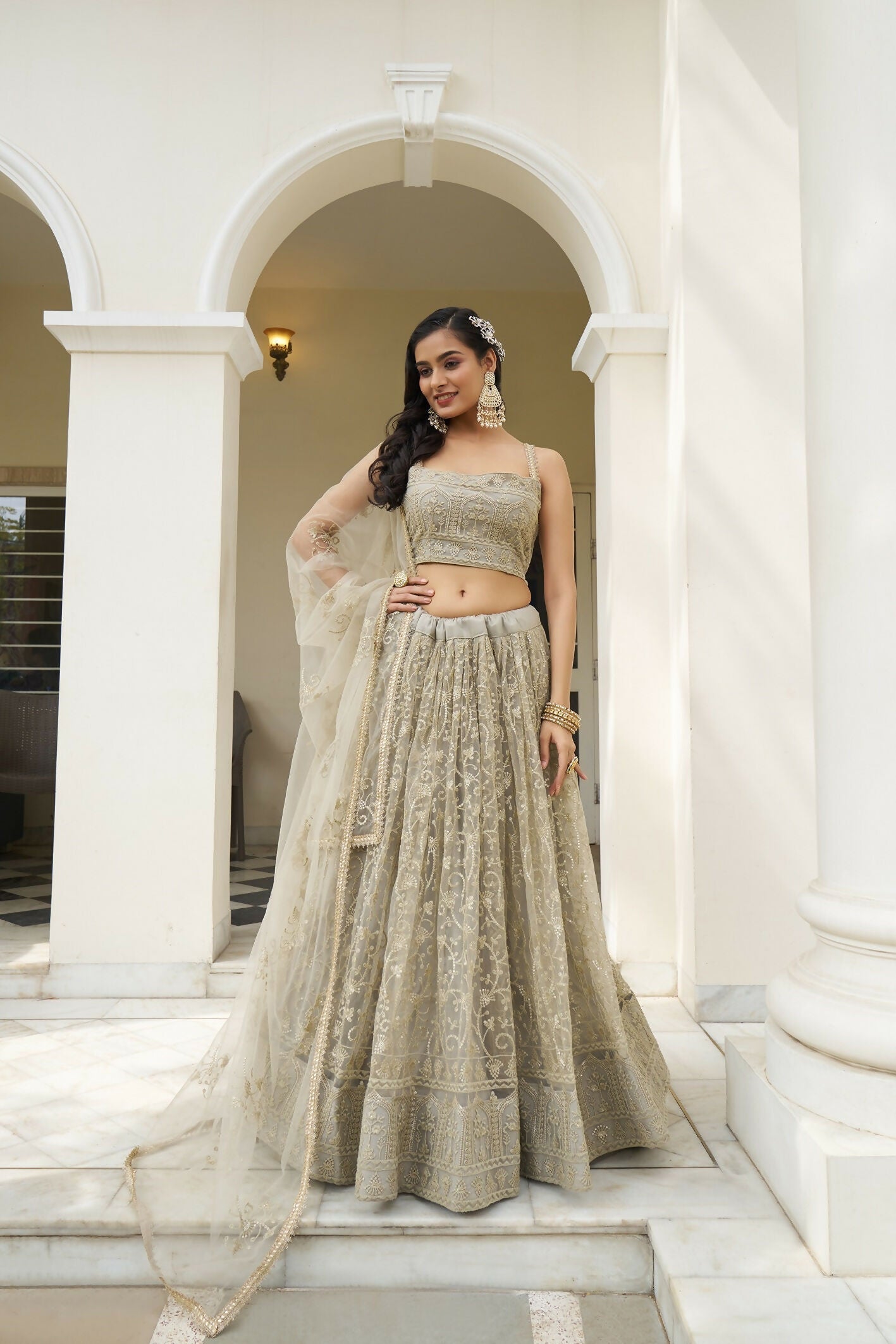 Eilara Glamorous Ivory Butterfly Net With Thread And Sequence Embroidered Work Fancy Lace Lehenga Choli For Wedding