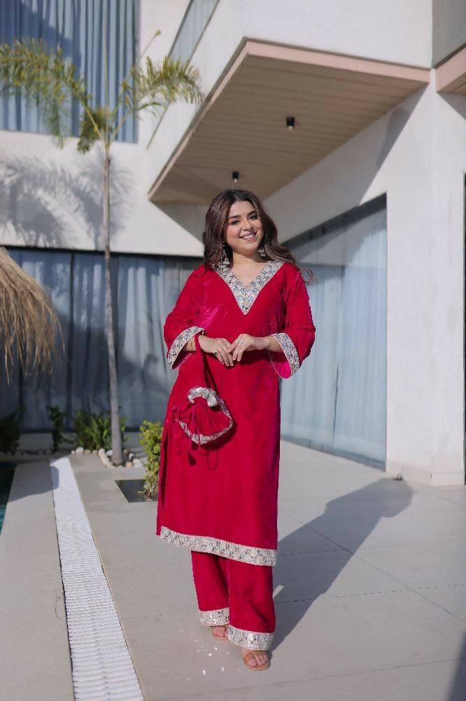 Joban Fashion Pink Kurta Set Velvet Sequins , Zari, Coding & Thread Embroidered work - Distacart