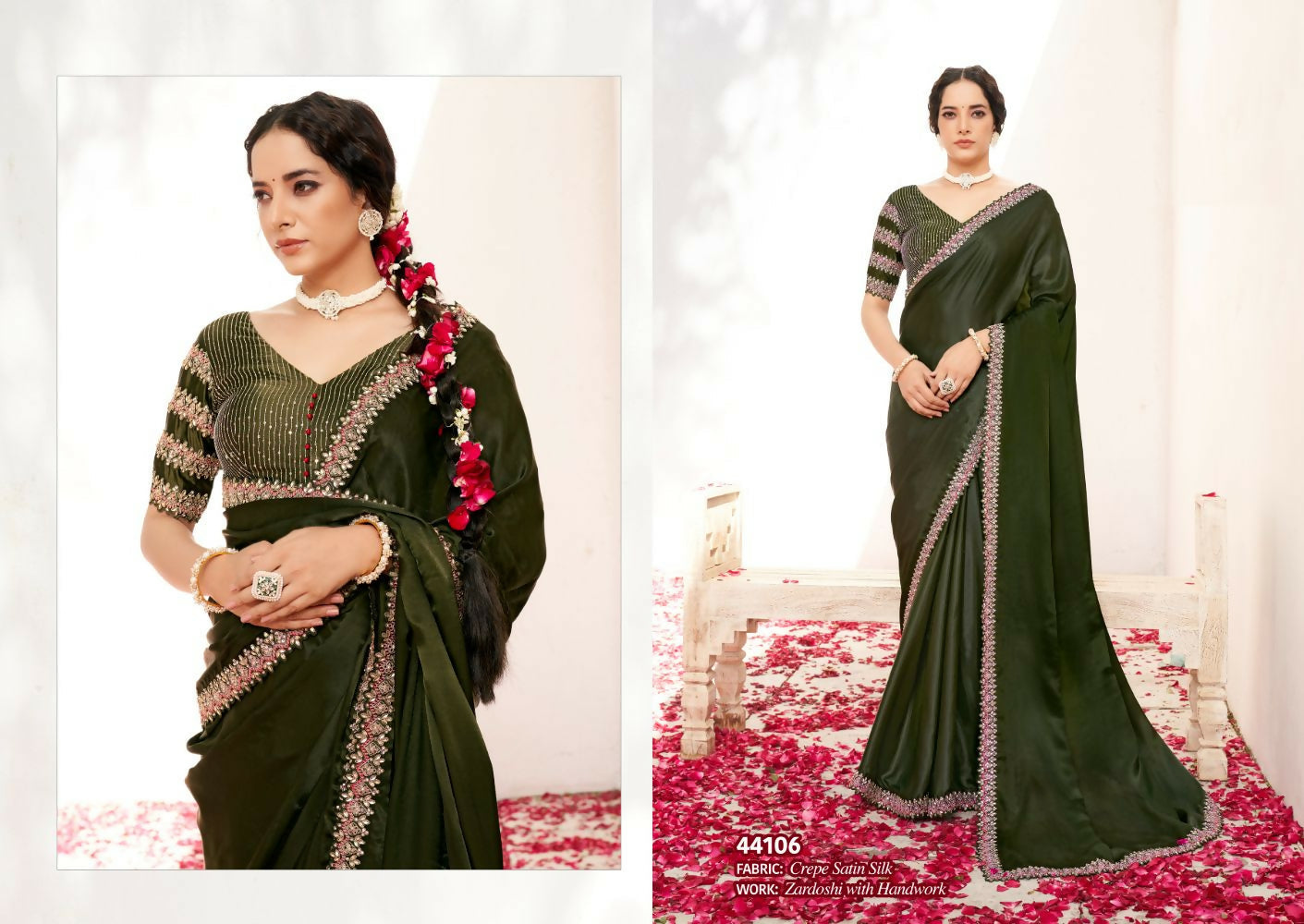 Green Crepe Satin Silk Handwork Saree with Unstitched Blouse - Norita Varya