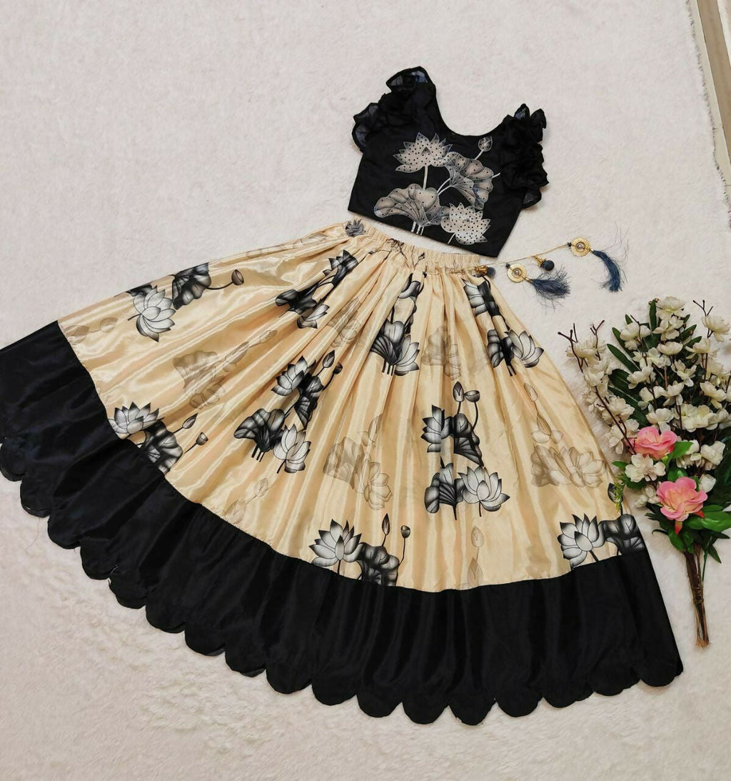 Jyoti Fashion Classy Cream Chinon Silk Digital Print with Border Work Kids Lehenga Choli Set