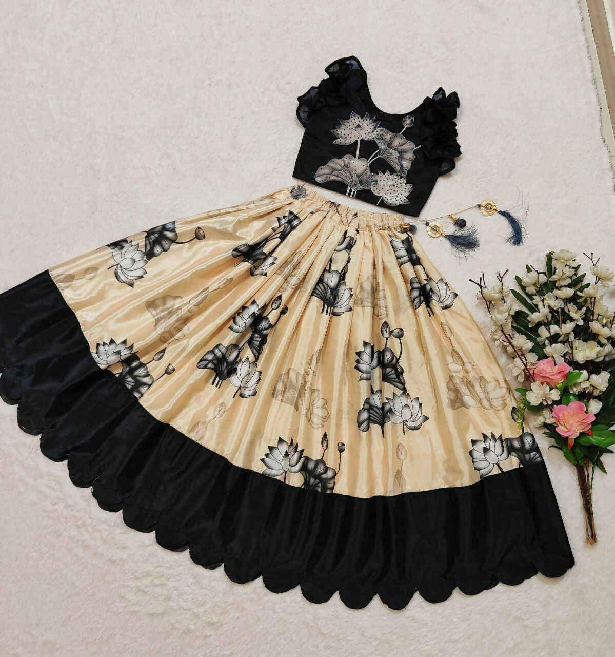 Jyoti Fashion Classy Cream Chinon Silk Digital Print with Border Work Kids Lehenga Choli Set