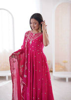 Teeya Creation Pink Color Roman Silk Embroidery Work Party Wear Gown - Distacart