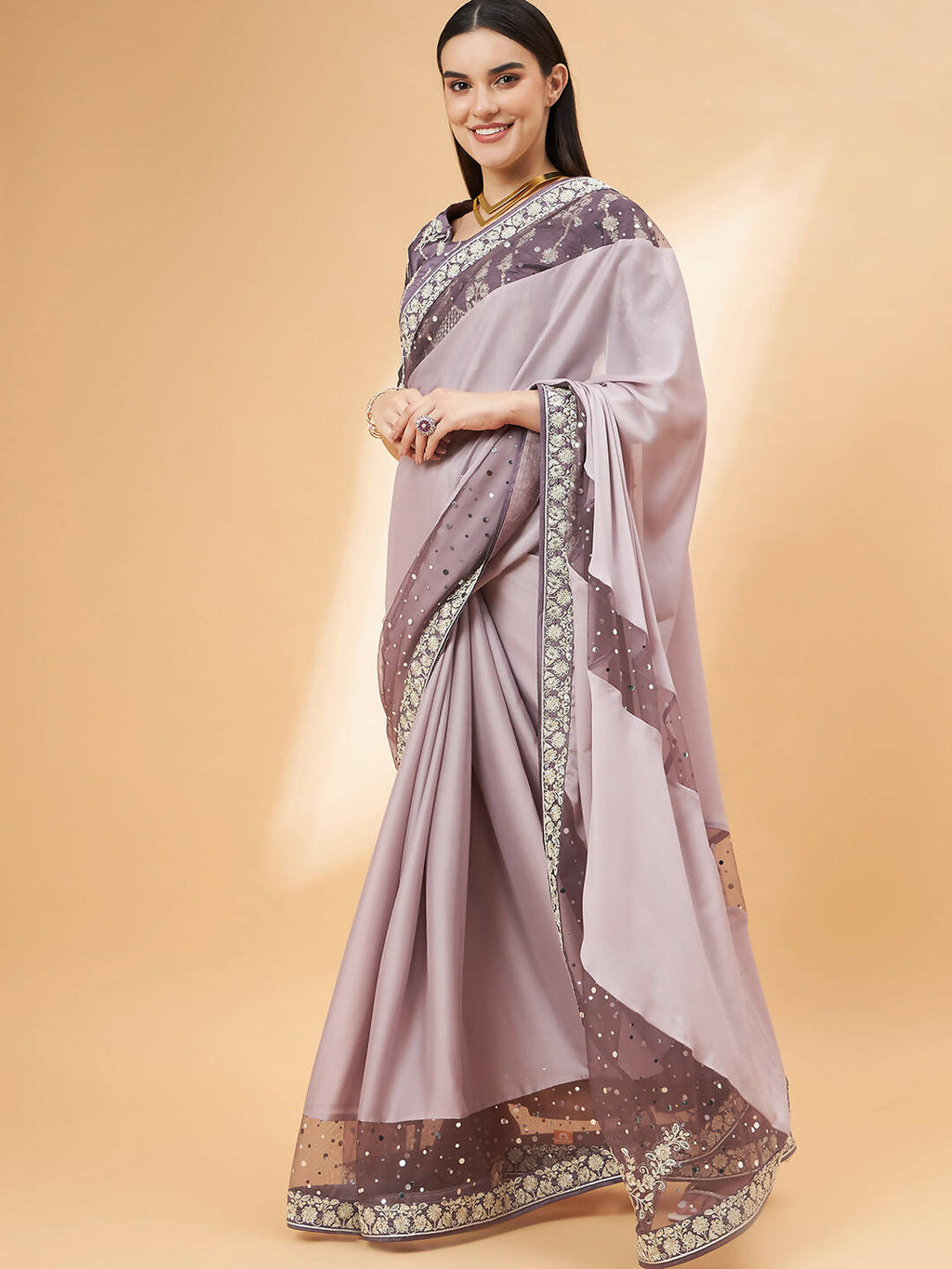 Mauve Silk Georgette Ribbon Embroidery Saree - Norita Hit Design
