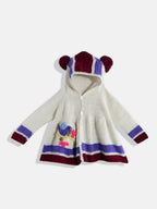Chutput Kids Woollen Hand Knitted Full Sleeves Self Desgin Hoodie Dress For Baby Girls - Cream