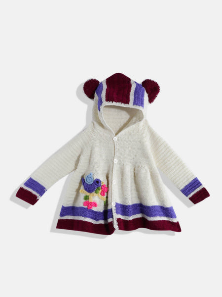Chutput Kids Woollen Hand Knitted Full Sleeves Self Desgin Hoodie Dress For Baby Girls - Cream