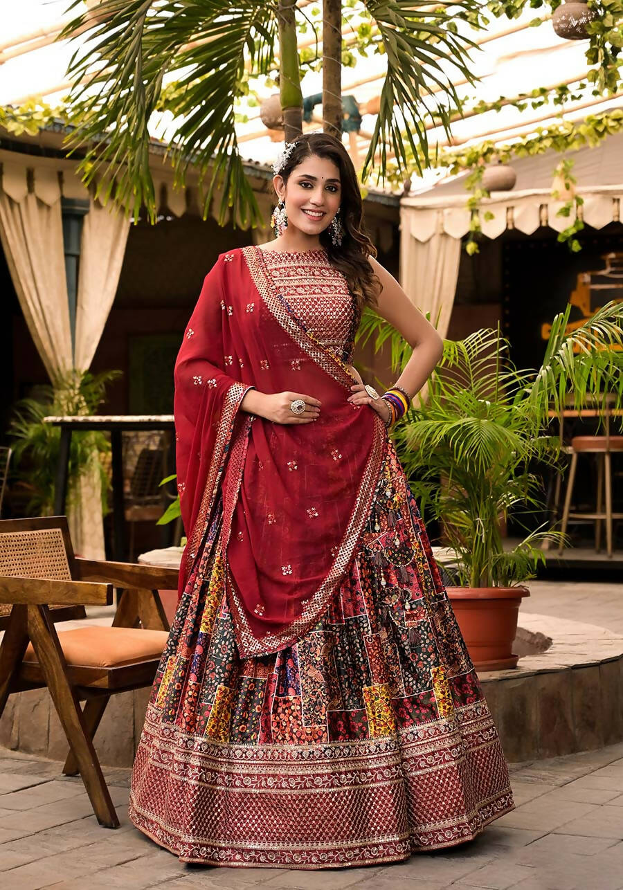 Women's Wedding Traditional Multi Dull Satin Lehenga Choli - Kaushlya