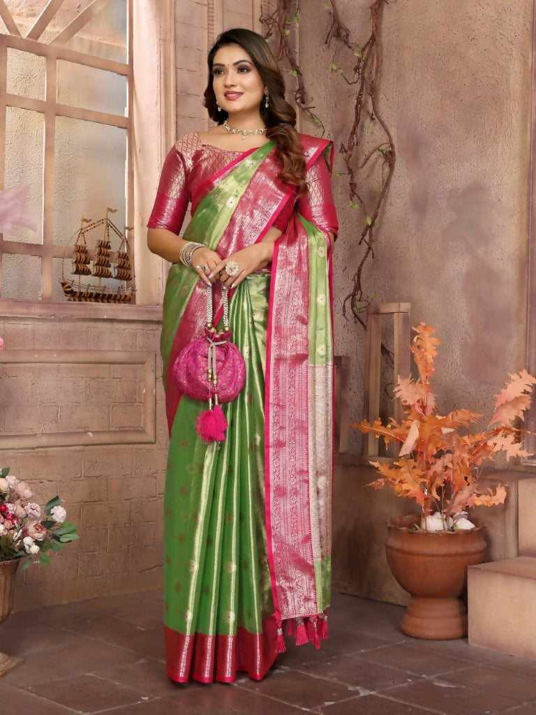 Anaita Light Green Tissue Silk With Zari Weaving Saree With Blouse