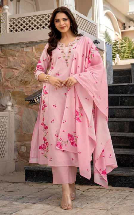 The52 Pink Women's Beautiful Chanderi Fabric Printed Work Straight Kurta Pant and Dupatta Set