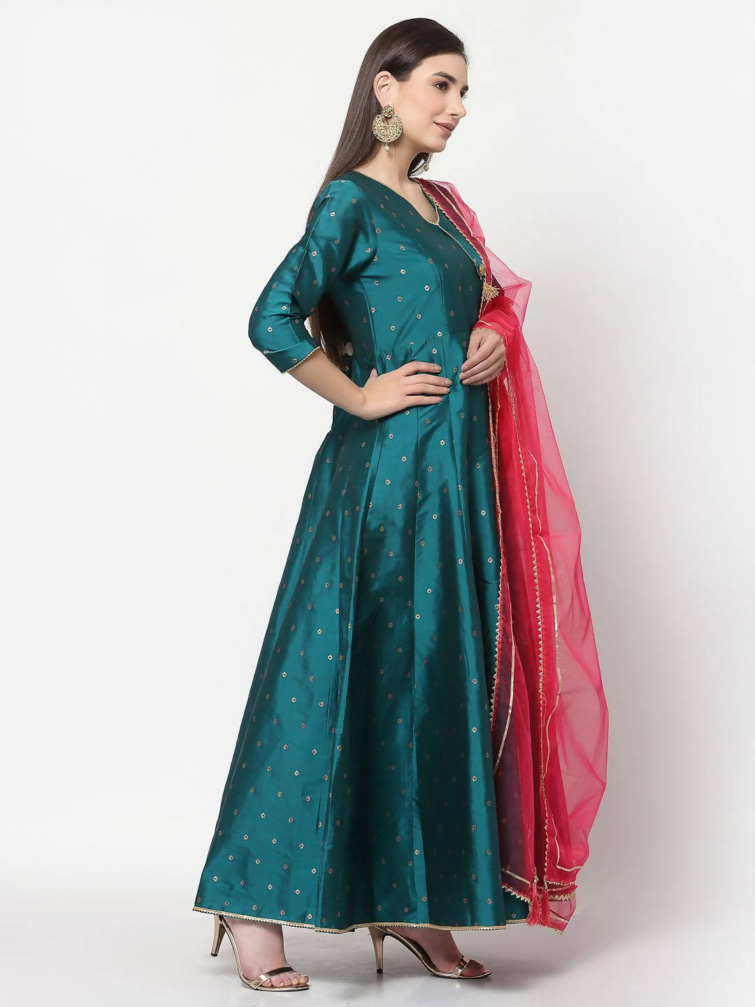 Myshka Green Silk Solid 3/4 Sleeve V Neck Casual Anarkali Kurta Dupatta Set