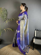 Joban Fashion Grey Intricate Zari Weaving Soft Silk Dharmavaram Saree
