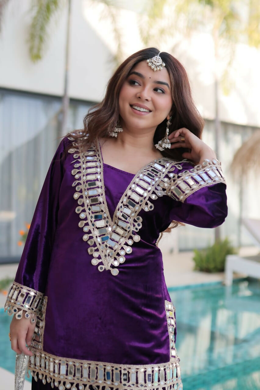 Joban Fashion Purple Kurta Set Velvet Embroidery Sequence Work - Distacart