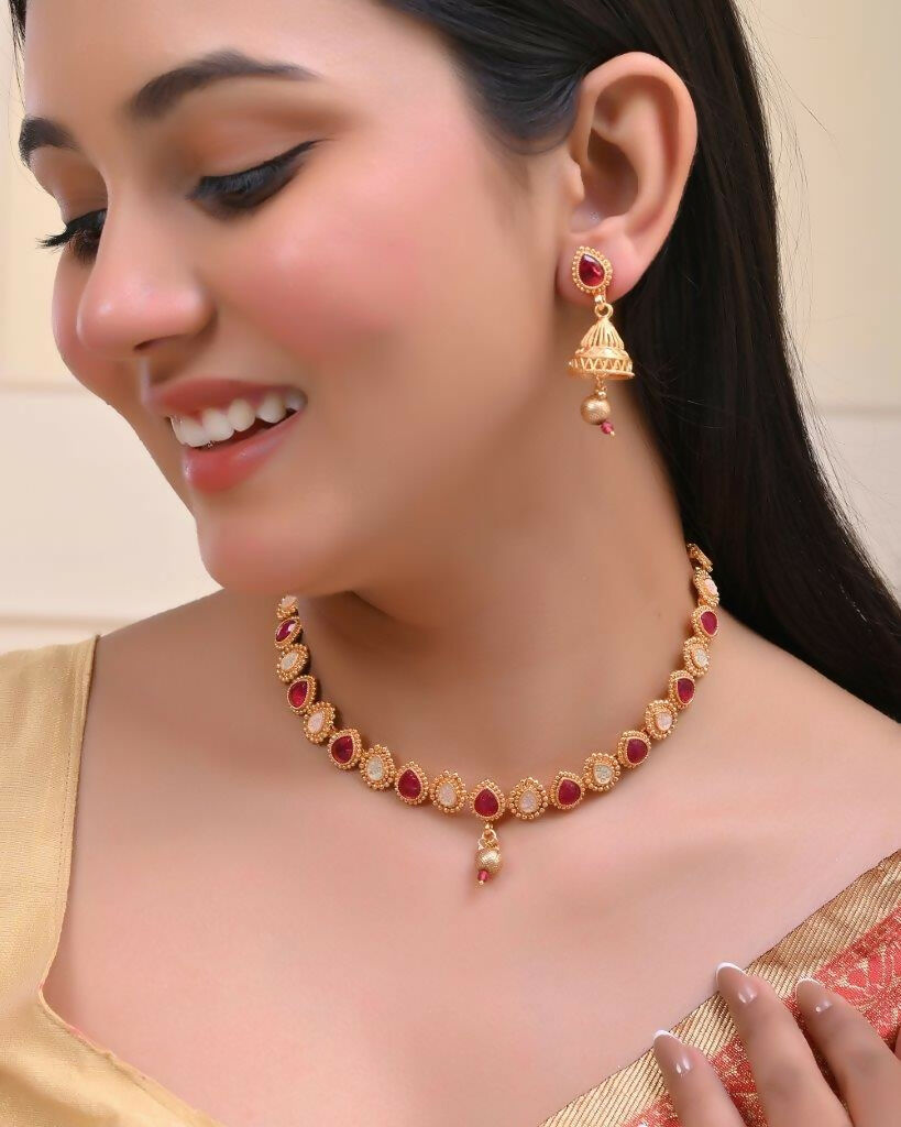 VOJ Gold-Polished Ruby Stone Studded Jewellery Set