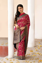 Joban Fashion Hot Pink Crepe Chiffon Pure Handloom Banarasi Silk Saree