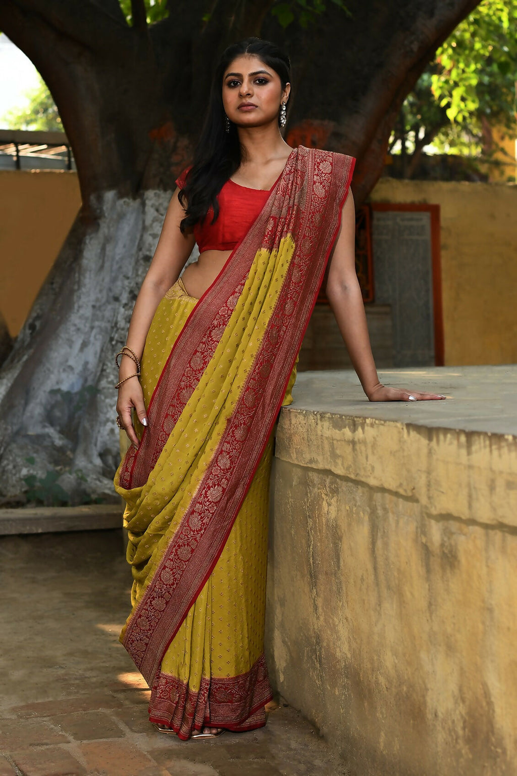Joban Fashion Yellow Crepe Chiffon Pure Handloom Banarasi Silk Saree