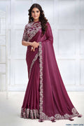 Magenta Crepe satin silk Cord & Sequence Embroidered with Stone work Saree - Mohmanthan Majestica