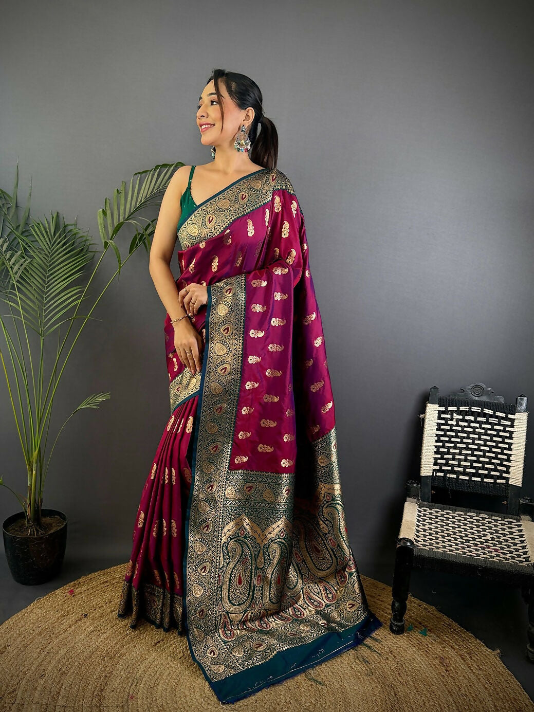 Joban Fashion Banarasi Wine Woven Butti Soft Silk Saree - Distacart