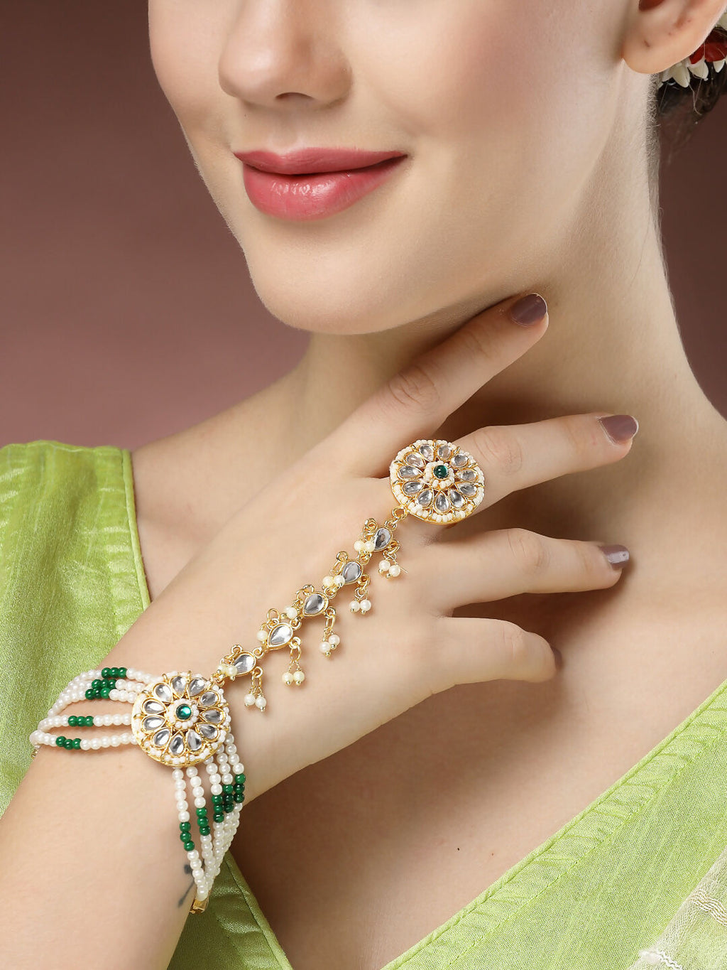 NVR Women's Green Gold-Polished Stone Studded Handcrafted Ring Bracelet - Distacart