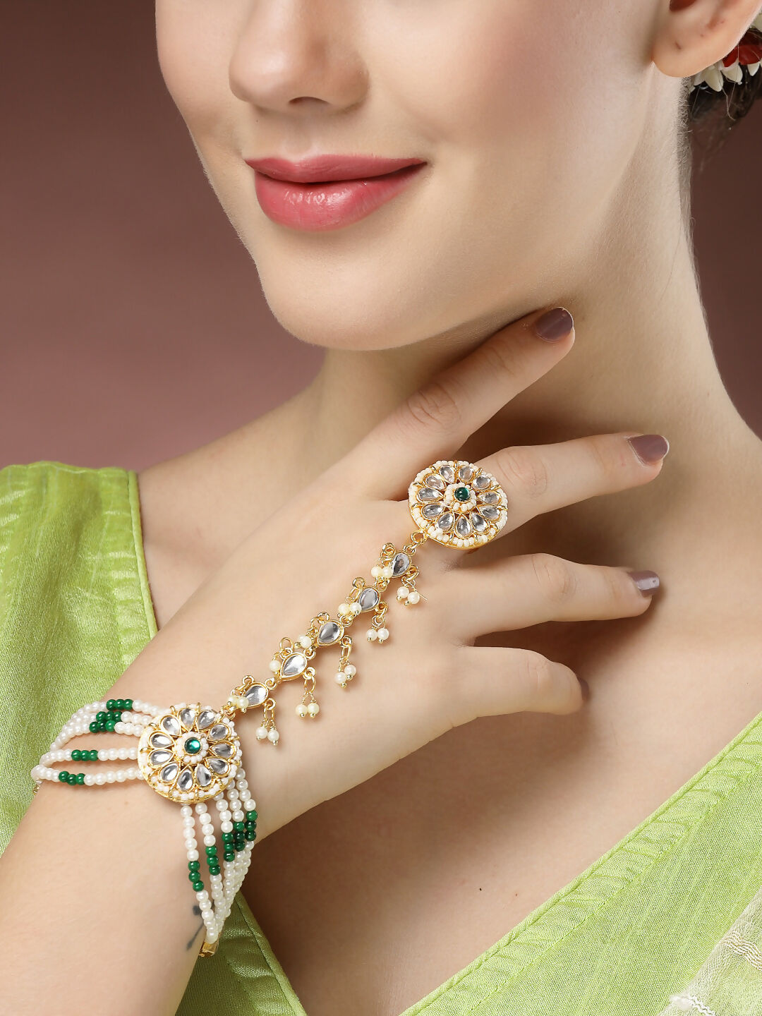 NVR Women's Green Gold-Polished Stone Studded Handcrafted Ring Bracelet - Distacart