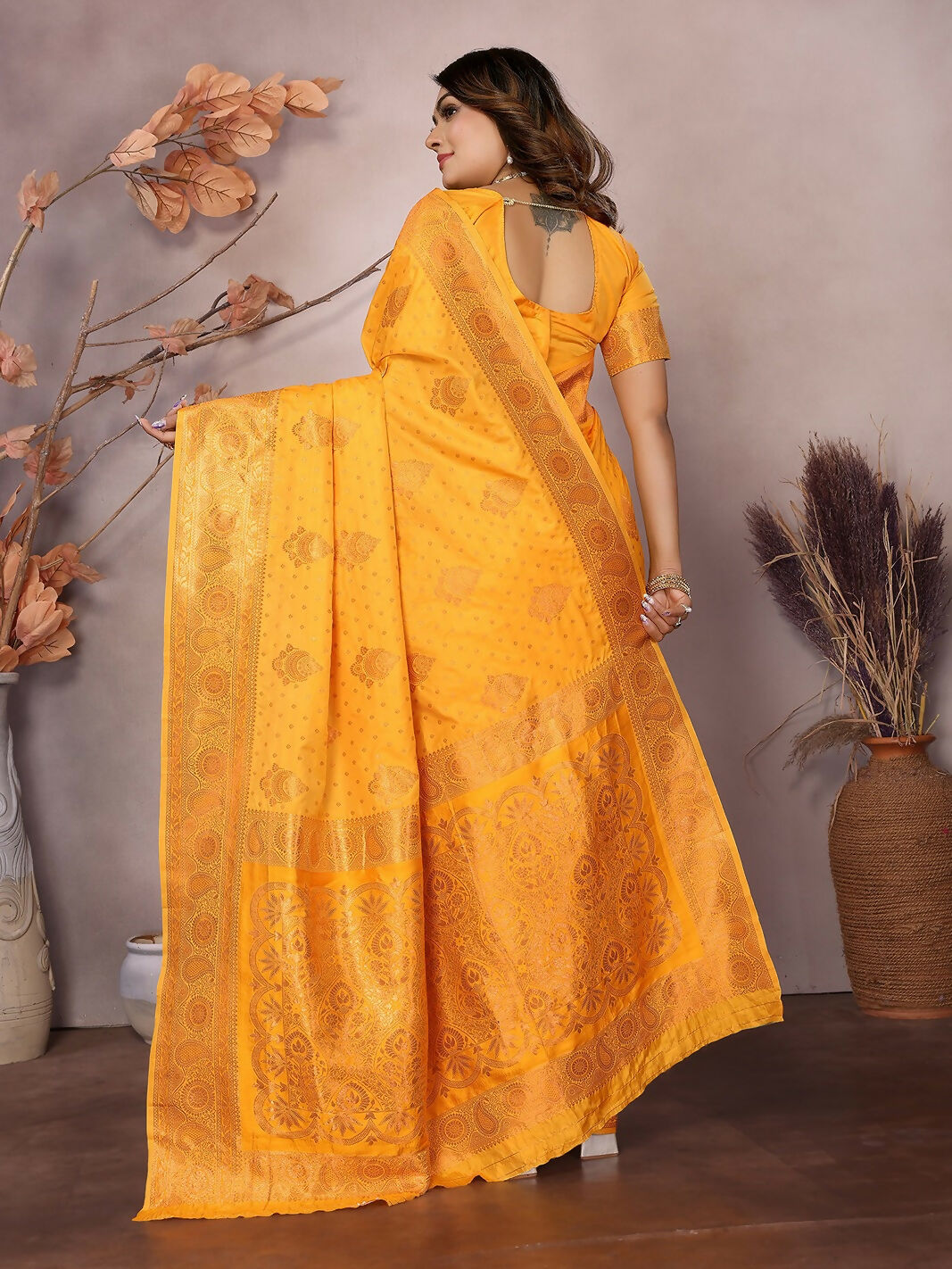 Joban Fashion Banarasi Orange Woven Soft Silk Saree - Distacart