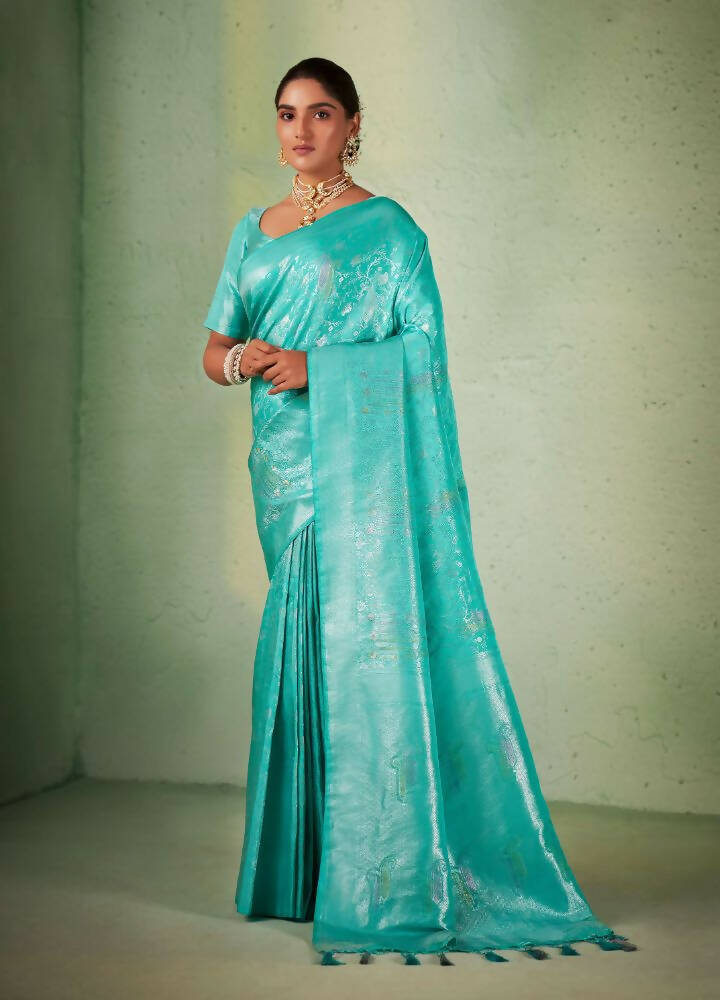 Glamorous Designer Turquoise Color Kanjivaram Silk Saree With Weaving Work - Yomika Fashions