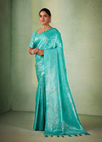 Glamorous Designer Turquoise Color Kanjivaram Silk Saree With Weaving Work - Yomika Fashions