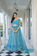 Aastha Fashion Sky Blue Butterfly Net White Cotton Thread Work And Sequence Work Embroidery Wedding Wear Lehenga Choli