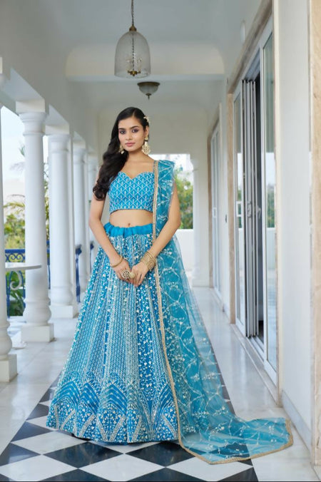 Aastha Fashion Sky Blue Butterfly Net White Cotton Thread Work And Sequence Work Embroidery Wedding Wear Lehenga Choli