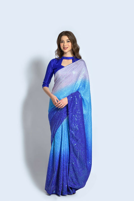 Vegaa Fashion Blue Vichitra Silk Embroidered Party Wear Saree