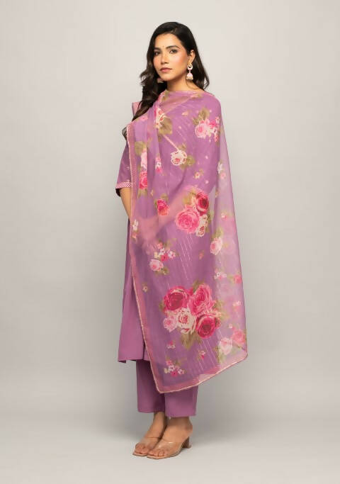 FIORRA Women's Lavender Creap A-Line Kurta Pant With Dupatta