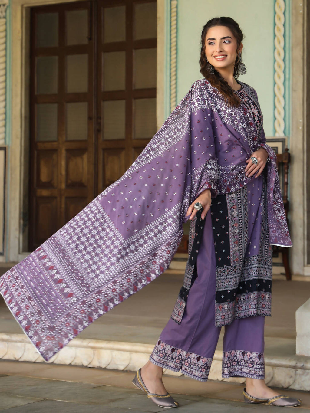 Juniper Women's Lavender Cambric Geometric Printed Mix And Match Kurta Palazzo And Dupatta Set - Distacart