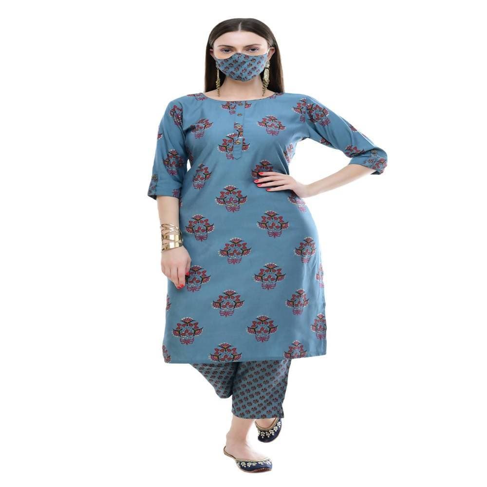 Lagi Women's Turquoise Blue Printed Straight Kurta & Pant (MC39A)
