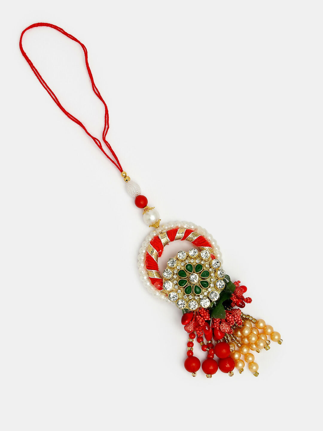 NVR Women & Men Set of 2 Red & Gold Toned Stone-Studded & Beaded Bhaiya Bhabhi Rakhi With Roli Chawal & Chocolate - Distacart