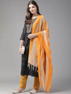 Yufta Black Pure Cotton Ikat Design Kurta with Palazzo & Dupatta