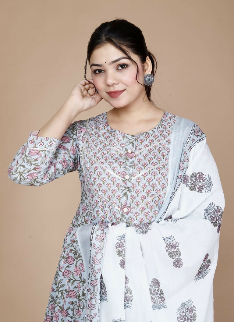 Miravan Women's Blue Printed With Gota Patti Work Anarkali Kurta With Dupatta