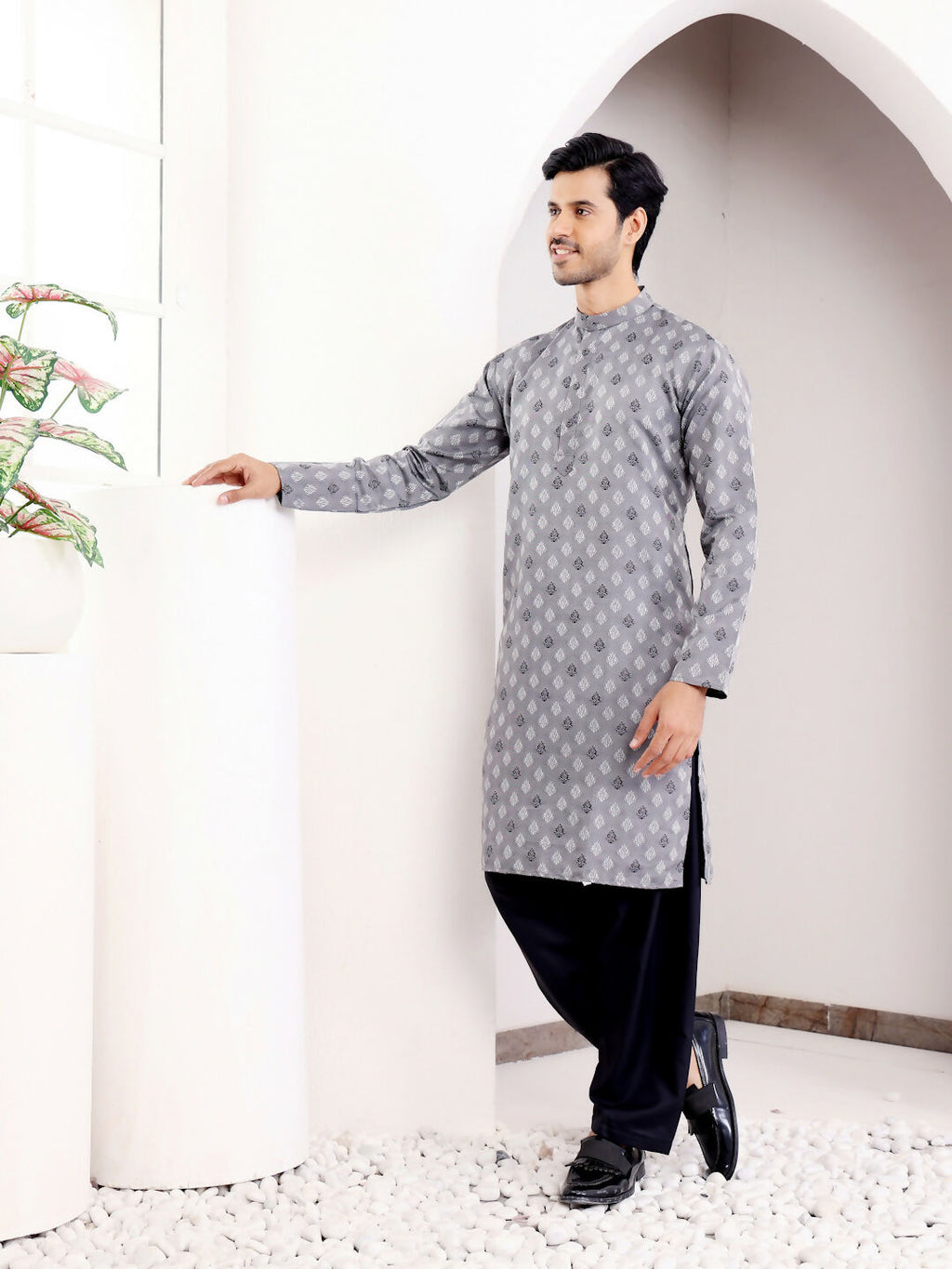 Grey Viscose Woven Jacquard Work Men's Kurta - Mahotsav