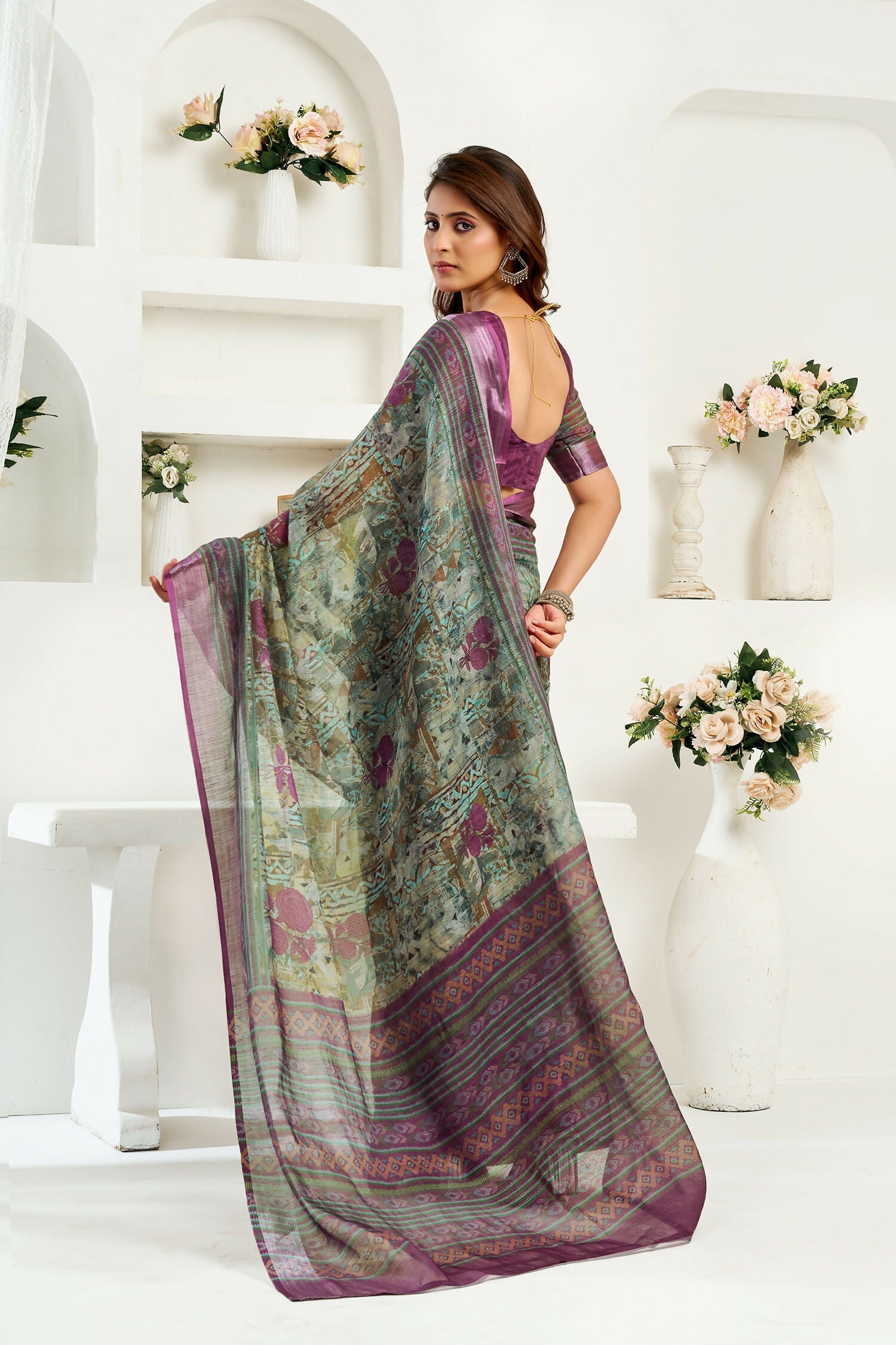 Joban Fashion Multicoloured Ikkat & Floral Linen Ready To Wear Saree With Unstitched Blouse - Distacart