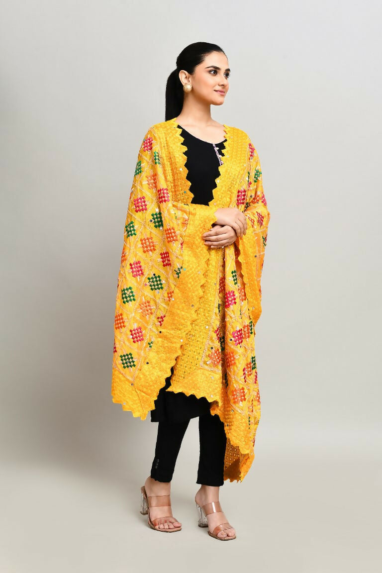 Joban Fashion Multi Color Cotton Embroidery Work Phulkari Dupatta