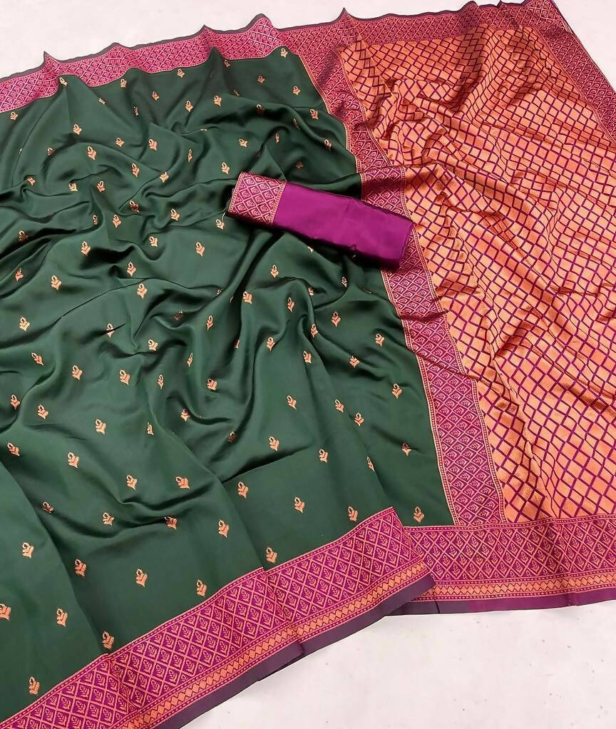 DEIANA'S Beautiful Designer Golden zari Soft Lichi Silk Saree - Green