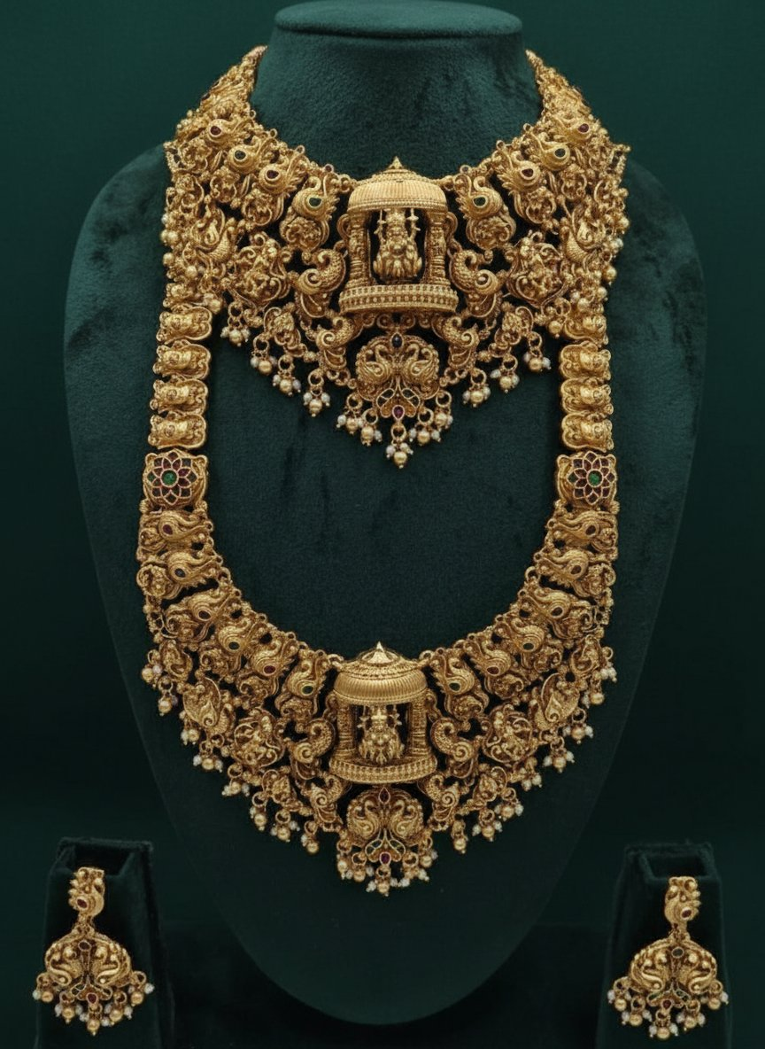 Jewel City Grand South Indian Temple Bridal Necklace Set for Women – Antique Gold-Plated Lakshmi Haram with Choker & Jhumka - Distacart