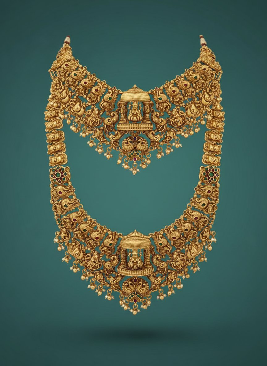 Jewel City Grand South Indian Temple Bridal Necklace Set for Women – Antique Gold-Plated Lakshmi Haram with Choker & Jhumka - Distacart