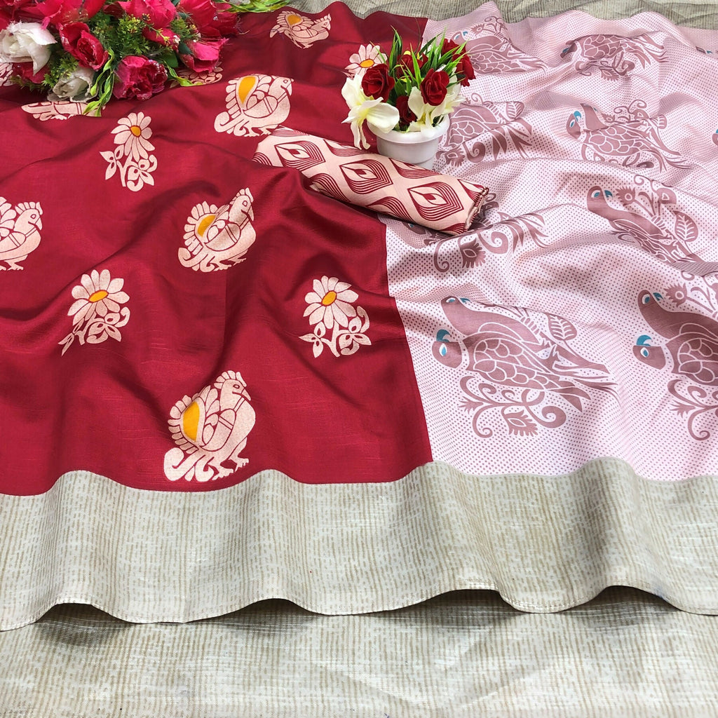 Vamika Red Printed Art Silk Saree