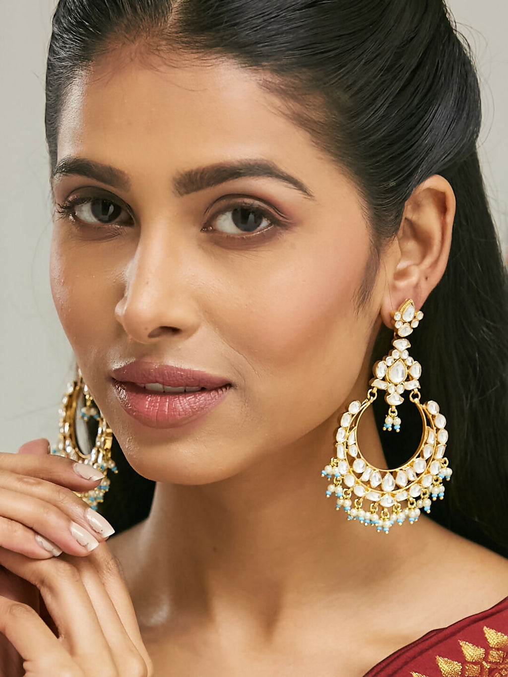 Nuyug 22K Gold-Plated Kundan Stone Studded & Pearl Beaded Chandbalis - Distacart