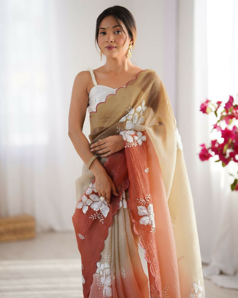 Choco and Orange Crunchy Crush Pedding Color Embroidery Work Party Wear Saree - Zuleika