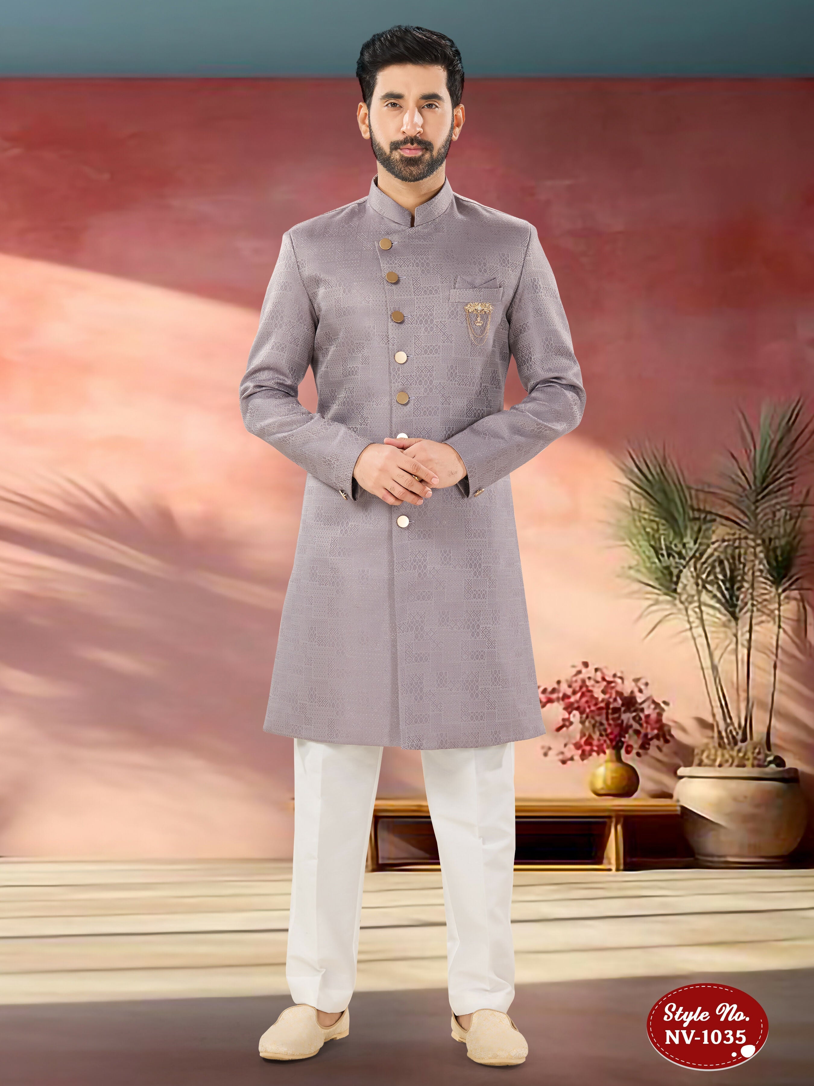 Joban Fashion Men's Light Purple Straight Imported Tr Self-Design In Fabric Indo-Western Kurta Set