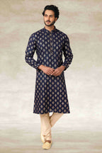 Raivat Ethnic Cotton Printed Work Kurta Pajama In Navy Blue Colour