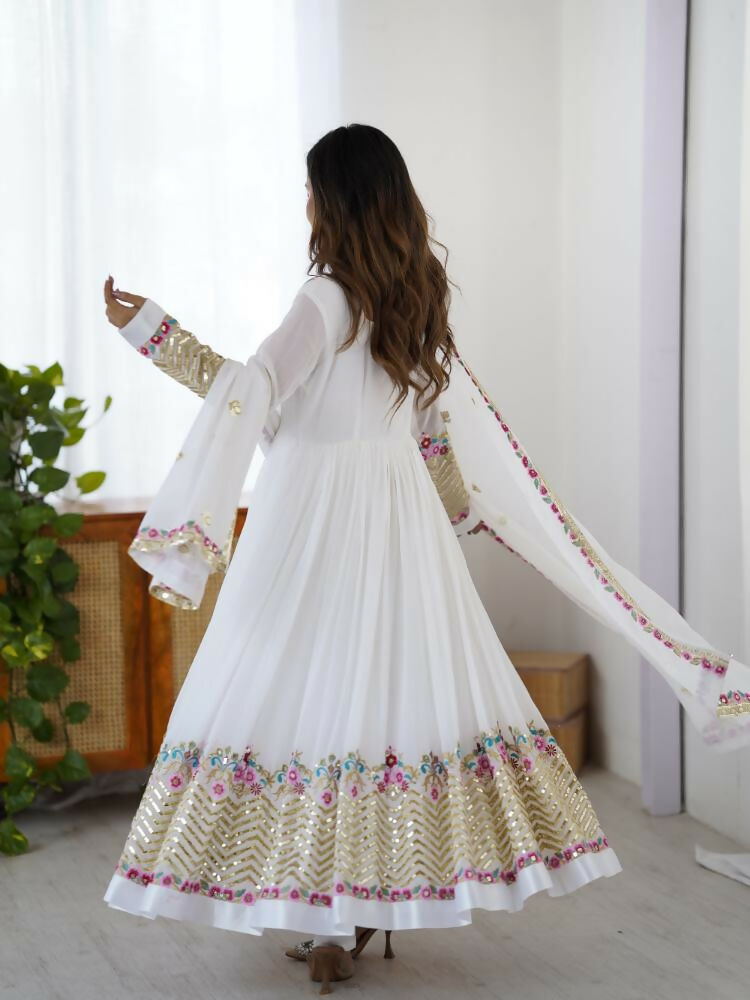 Joban Fashion White Georgette Sequence Embroidery Work Readymade Kurta Set - Distacart