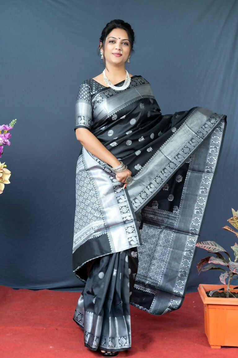 Jyoti Fashion Women's Black Soft Banarasi Silk Zari Woven Saree with Blouse